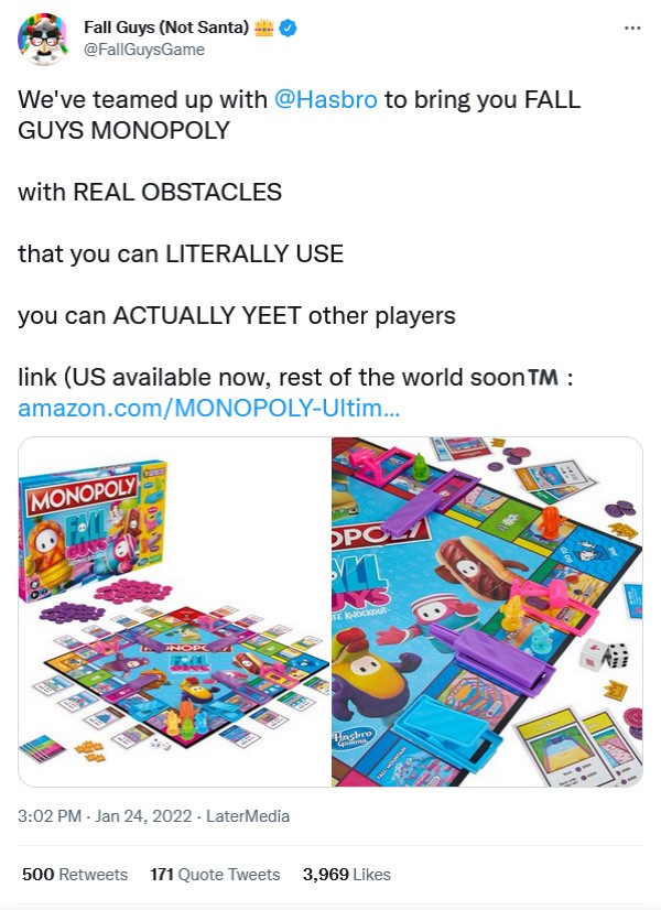 The official announcement tweet for Fall Guys Monopoly