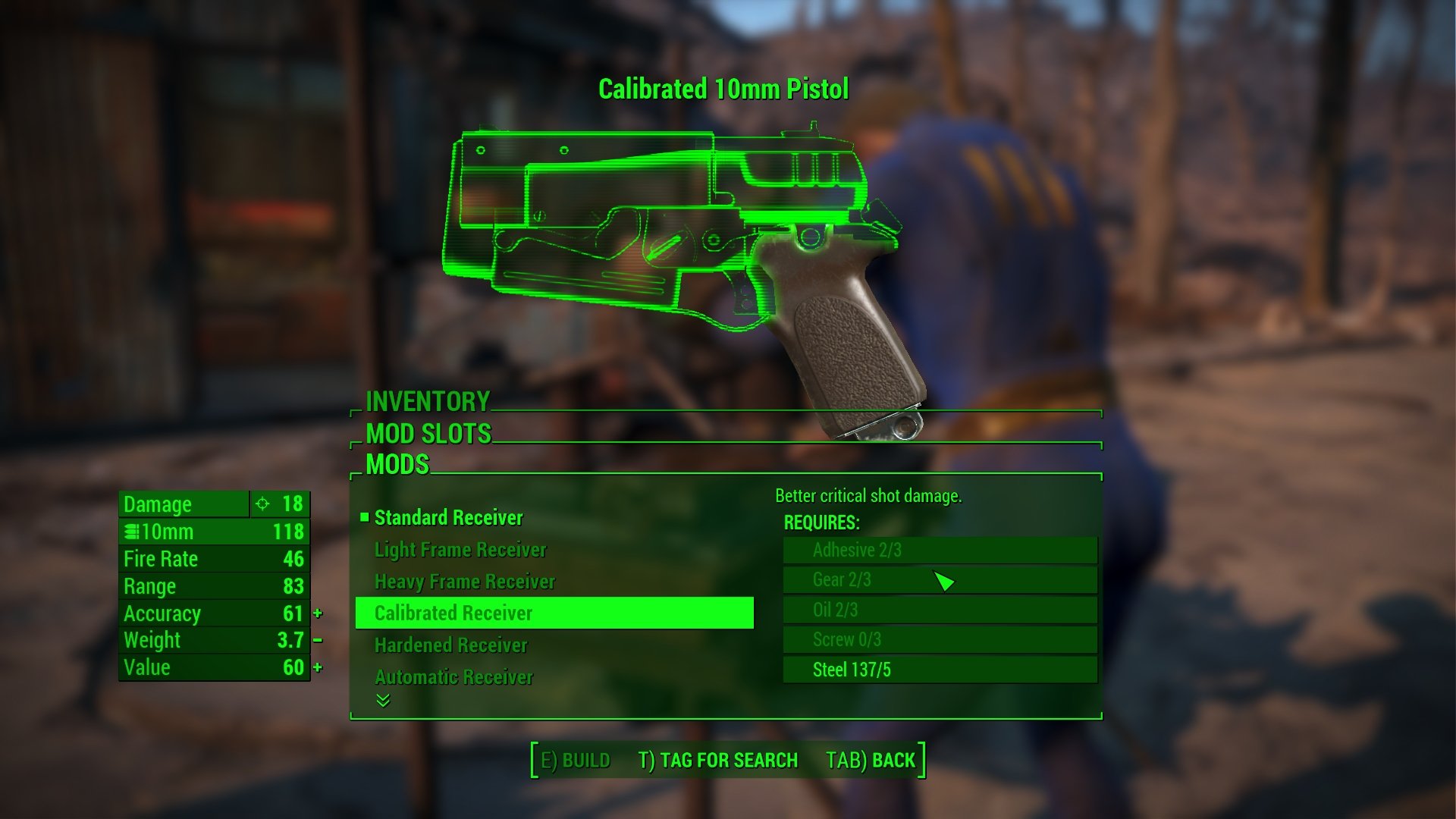 Fallout 4 screenshot showing a glowing green outline of a gun with various parts of it made of actual metal. A list of gun modifications is stretched across the green user interface that takes up the bottom of the iamge. 