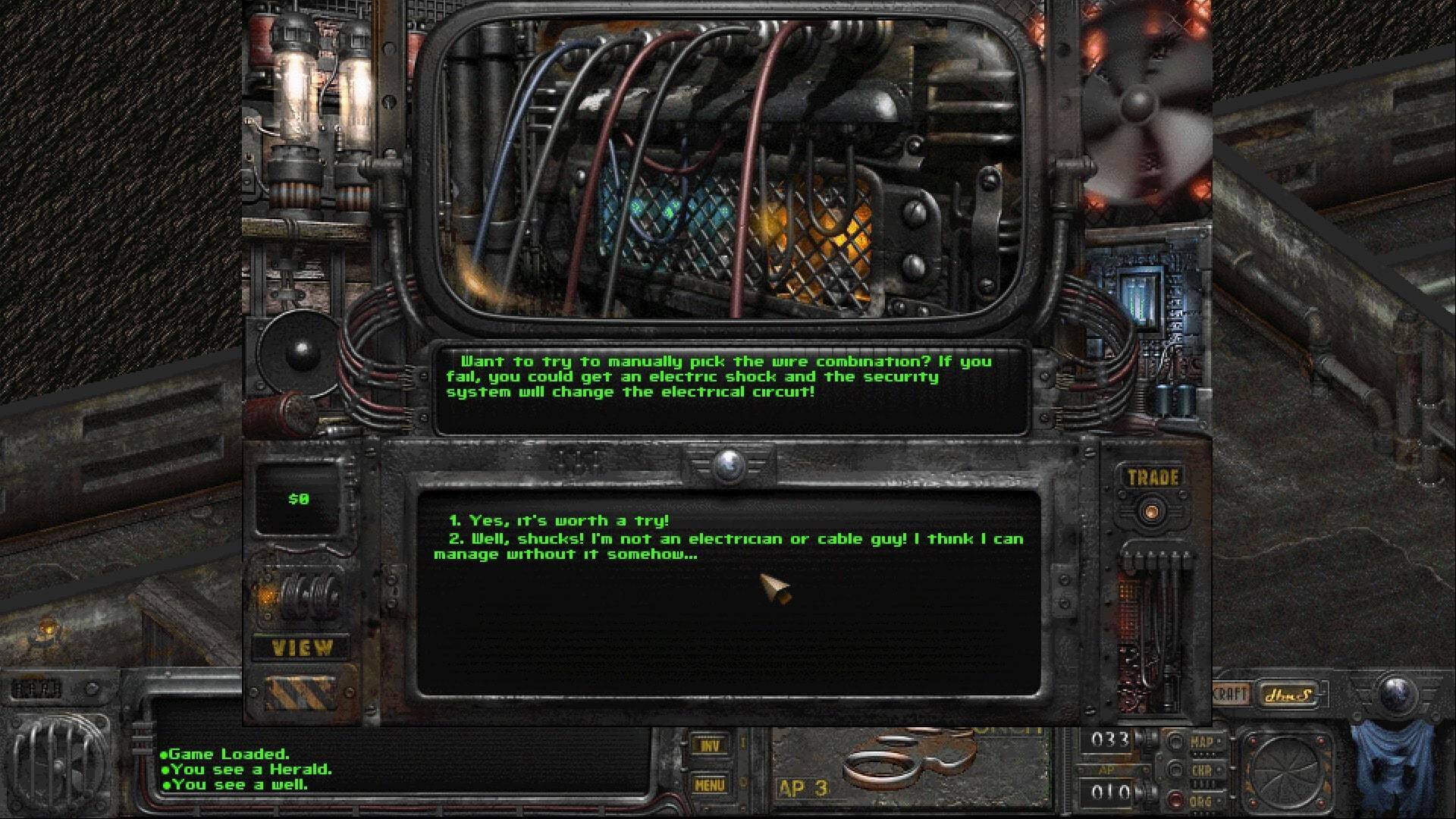 A shot of a "conversation" in the Olympus 2207 mod for Fallout 2.