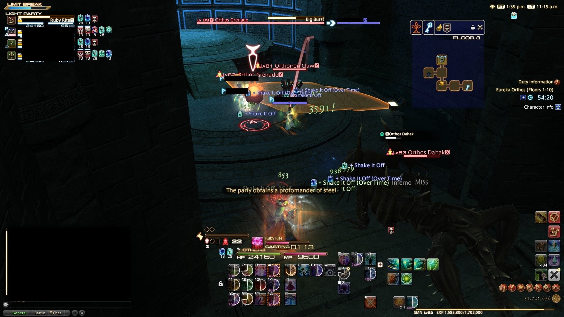 The party attacking an Orthos Grenade, Claw, and Dahak in Fantasy XIV Eureka Orthos.