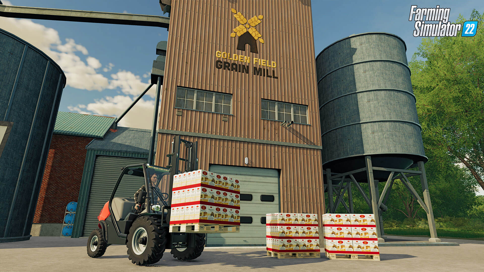 A player driving a forklift and stacking boxes in Farming Simulator 22