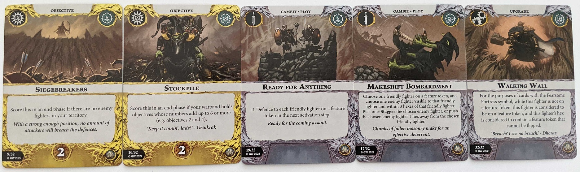 A selection of interesting cards from Fearsome Fortress Rivals Deck for Warhammer Underworlds Gnarlwood