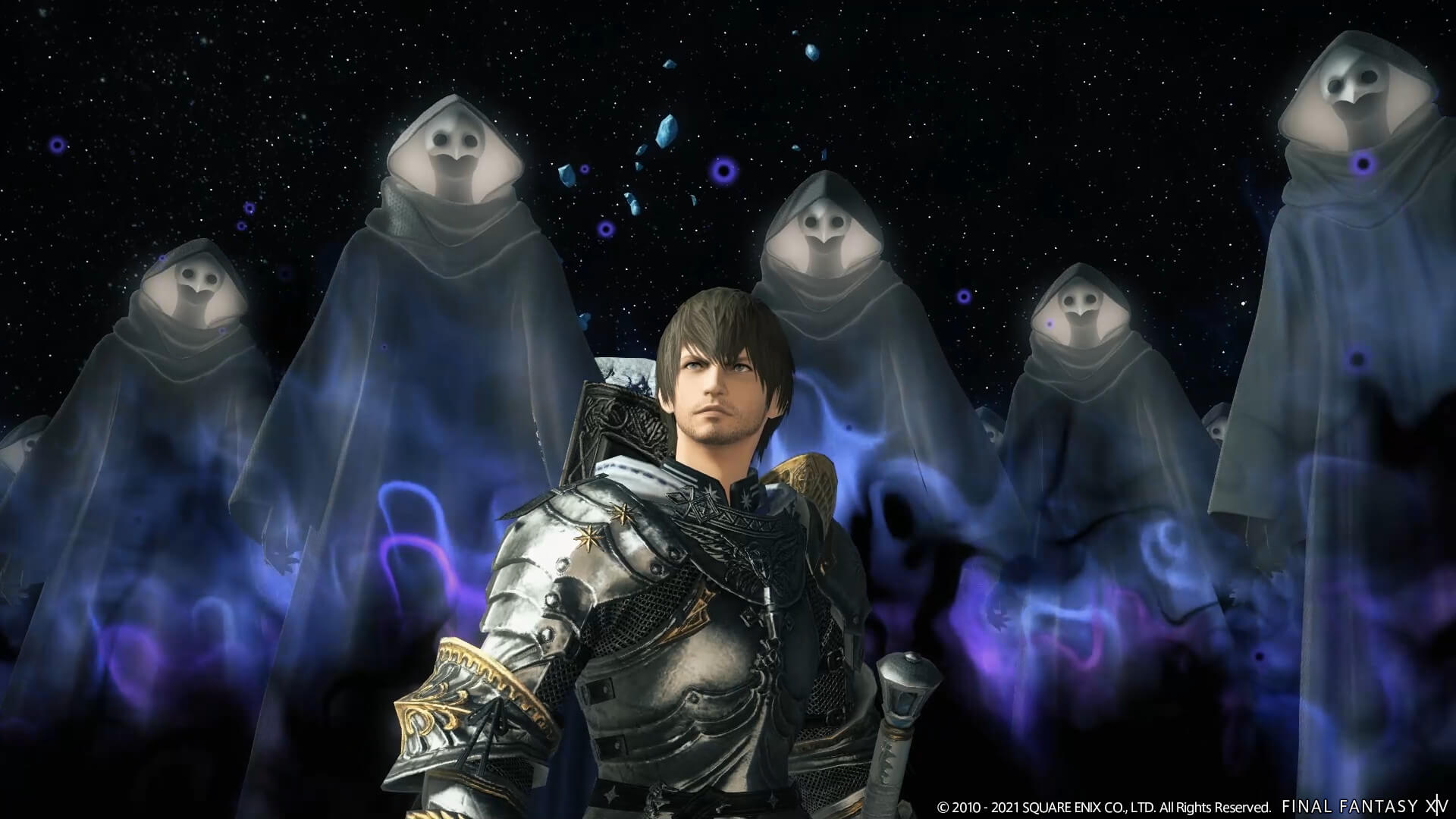 The player surrounded by Ascians in Final Fantasy XIV Endwalker
