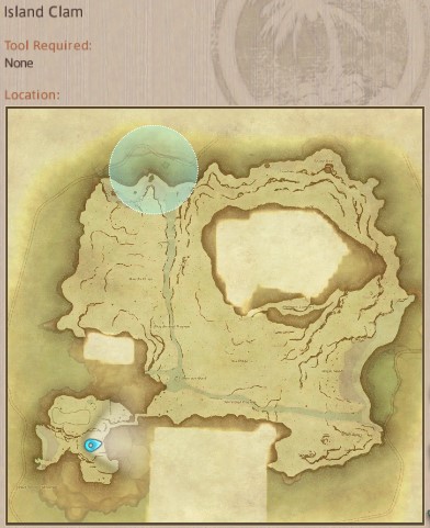 Map showing Final Fantasy XIV Island Sanctuary Island Clam gathering location.