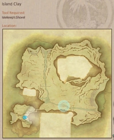 Map showing Final Fantasy XIV Island Sanctuary Island Clay gathering location.