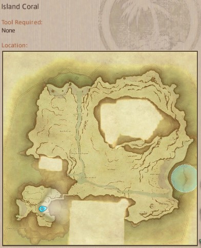 Map showing Final Fantasy XIV Island Sanctuary Island Coral gathering location.