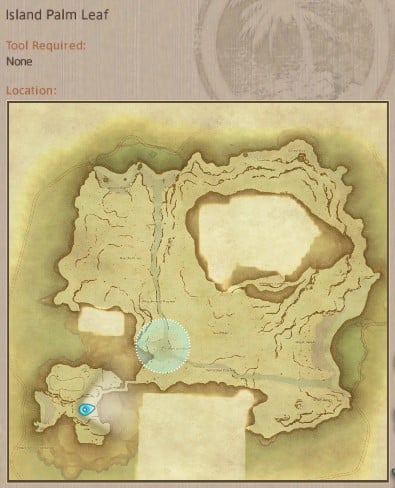 Map showing Final Fantasy XIV Island Sanctuary Island Palm Leaf gathering location.