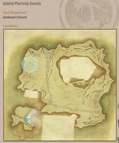 Map showing Final Fantasy XIV Island Sanctuary Island Parsnip Seeds gathering location.