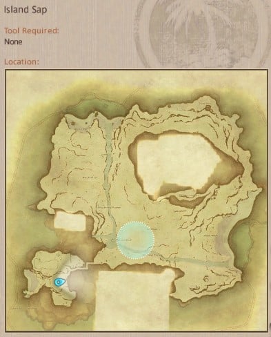 Map showing Final Fantasy XIV Island Sanctuary Island Sap gathering location.