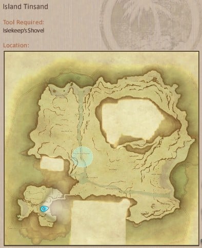 Map showing Final Fantasy XIV Island Sanctuary Island Tinsand gathering location.