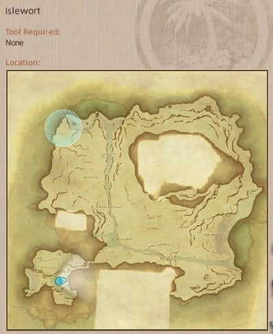 Map showing Final Fantasy XIV Island Sanctuary Island Islewort gathering location.