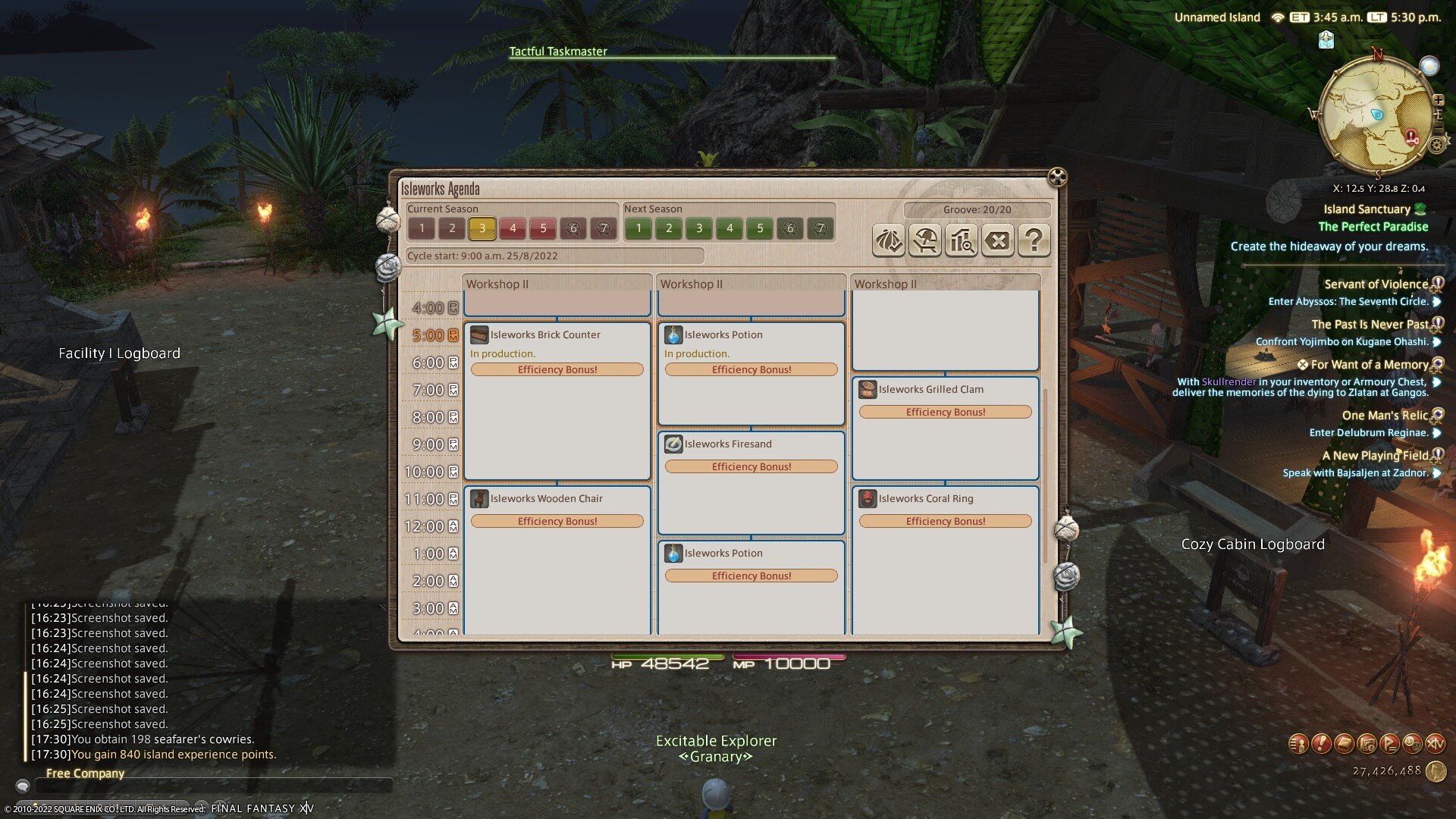 The Island Sanctuary Workshop's Isleworks Agenda menu showing a full list of items being crafted.