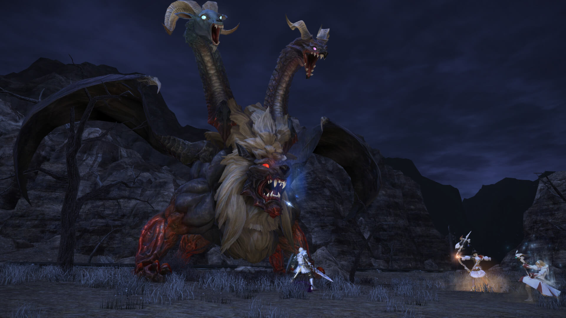 The party facing a chimera in Final Fantasy XIV