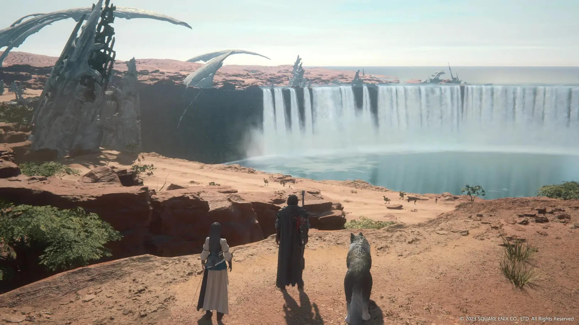 Clive and his friends standing in front of a massive waterfall vista in Final Fantasy XVI