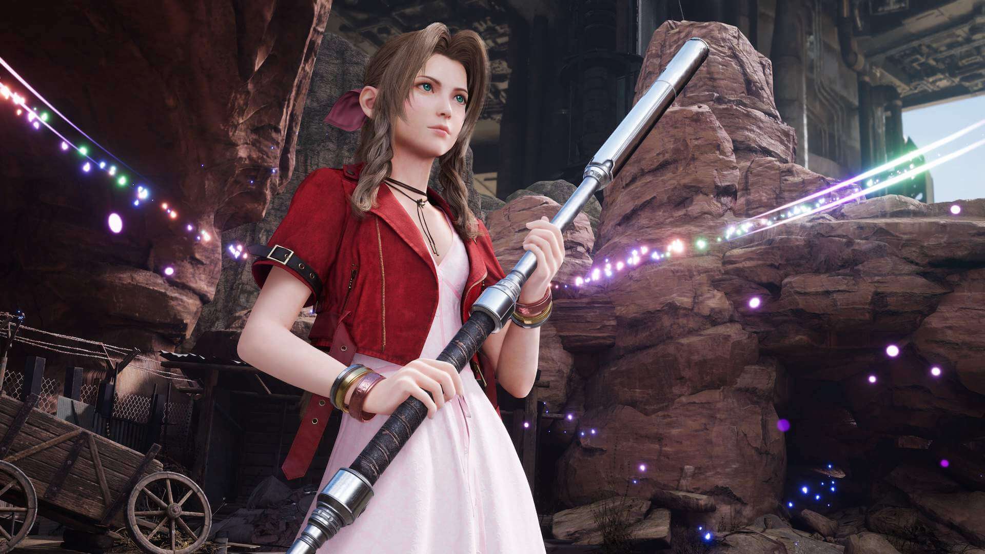 Character from final Fantasy VII remake standing with her sword. 