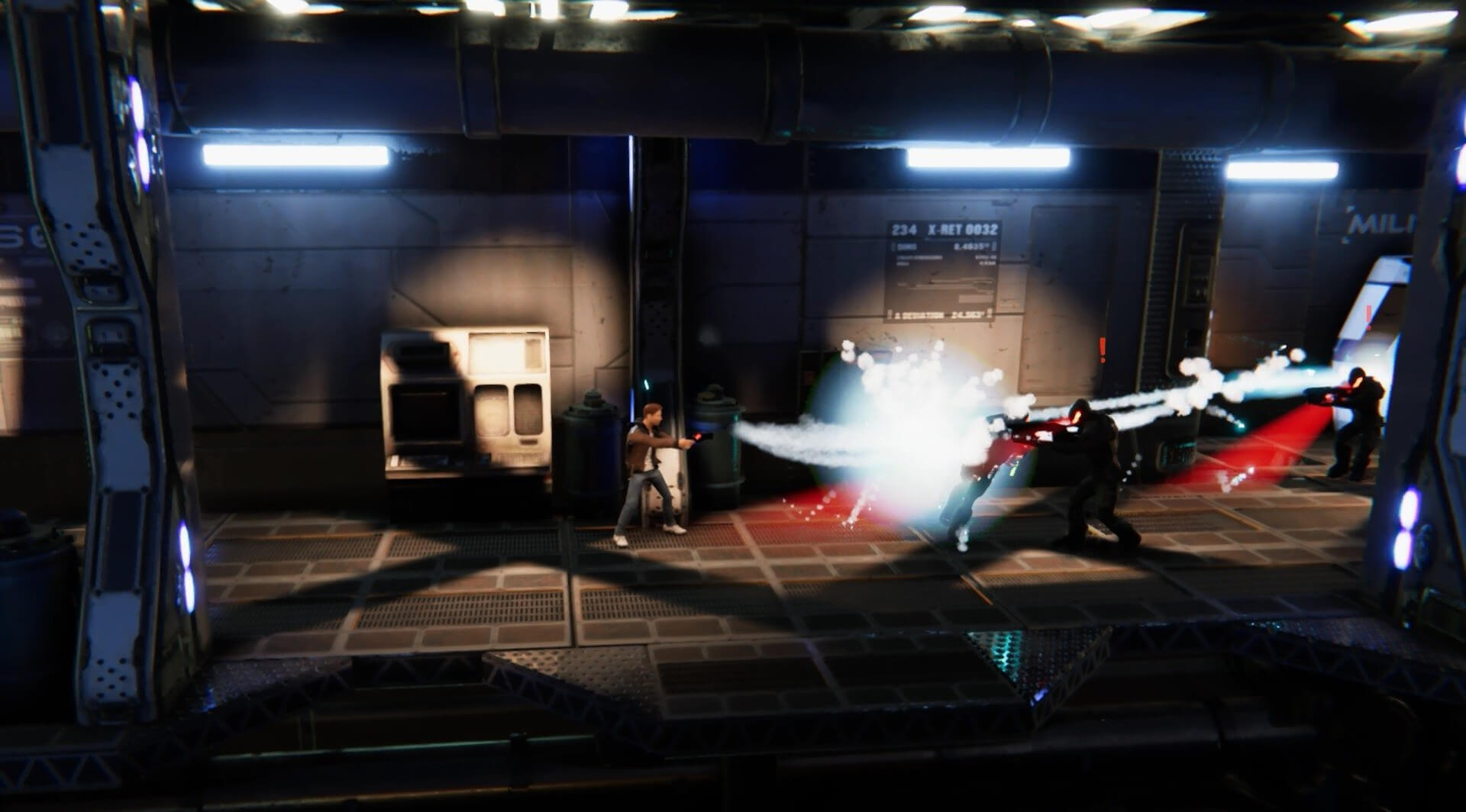 Conrad firing at a group of enemies in a tunnel in Flashback 2