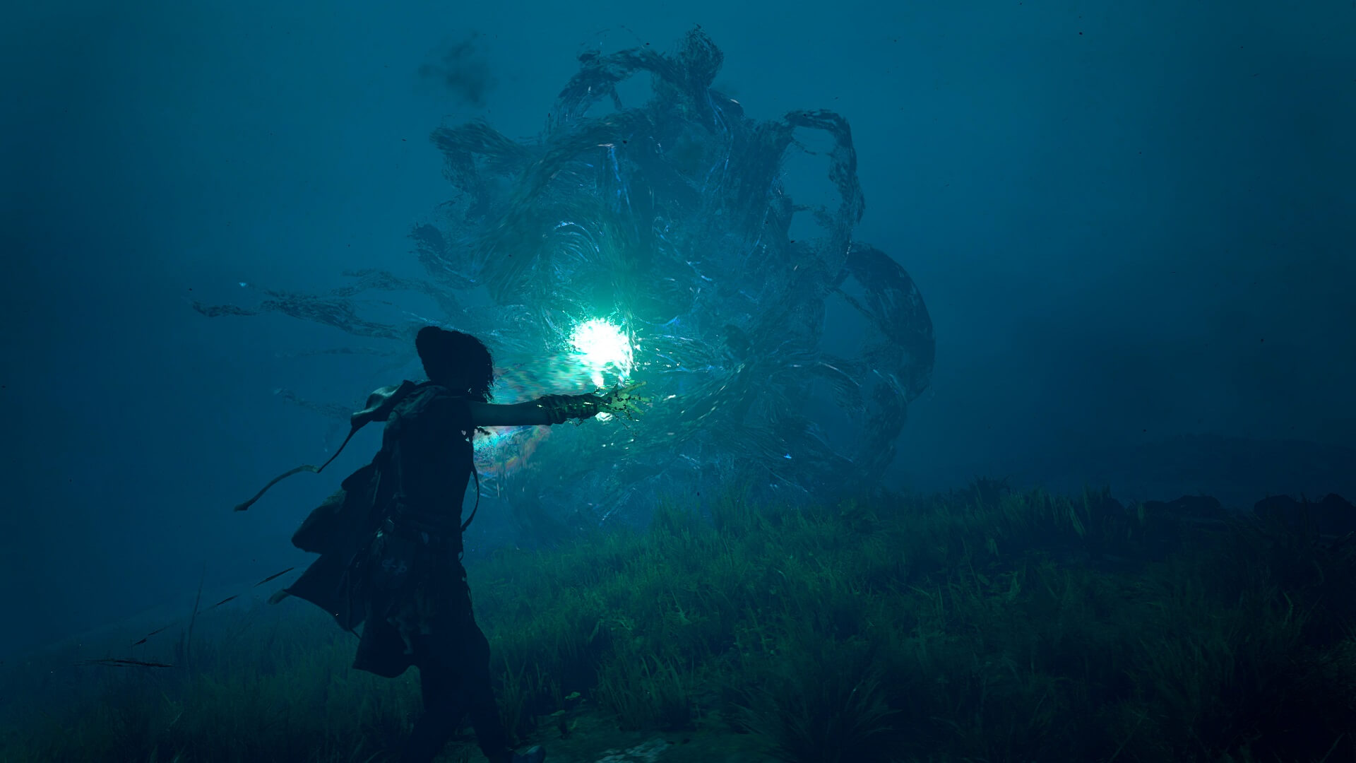 The player fighting a large eldritch monster with magic in Forspoken