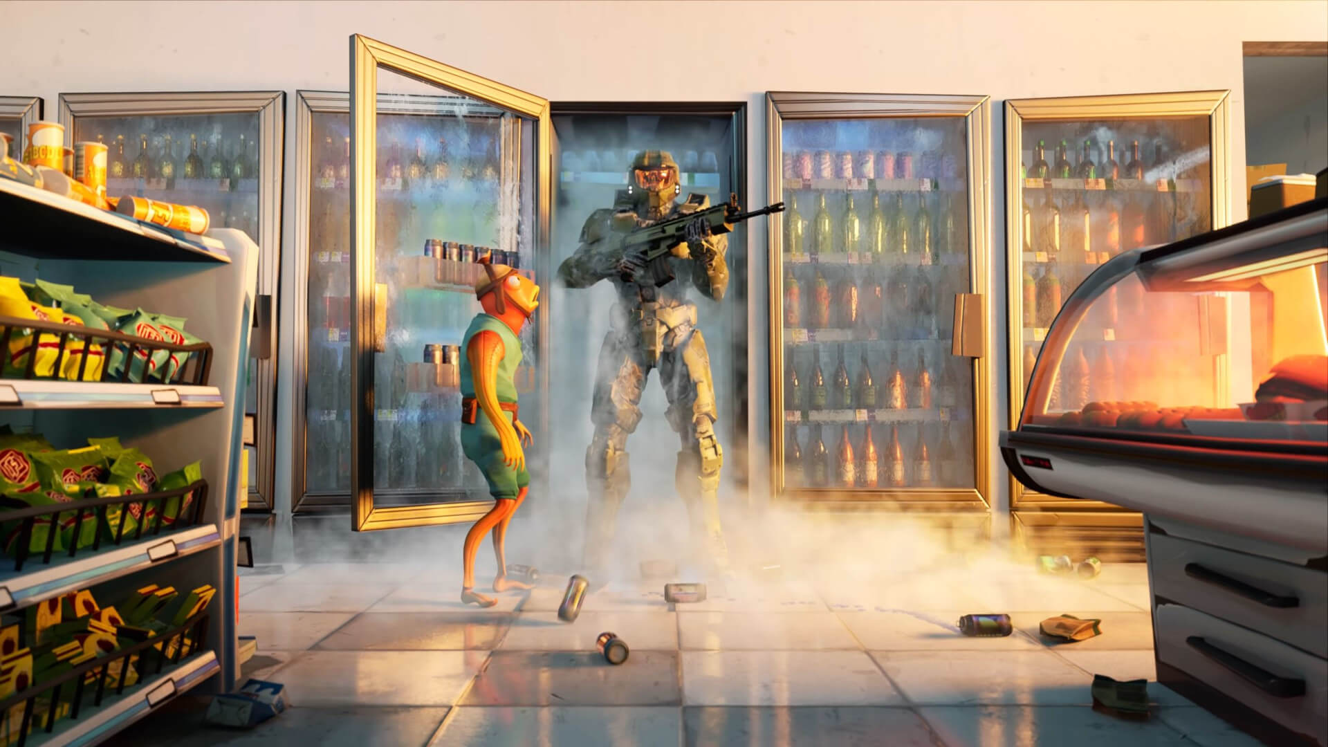 Master Chief emerging from a fridge in the Fortnite Halo crossover, which isn't the Fortnite Dragon Ball crossover but is still a cool crossover