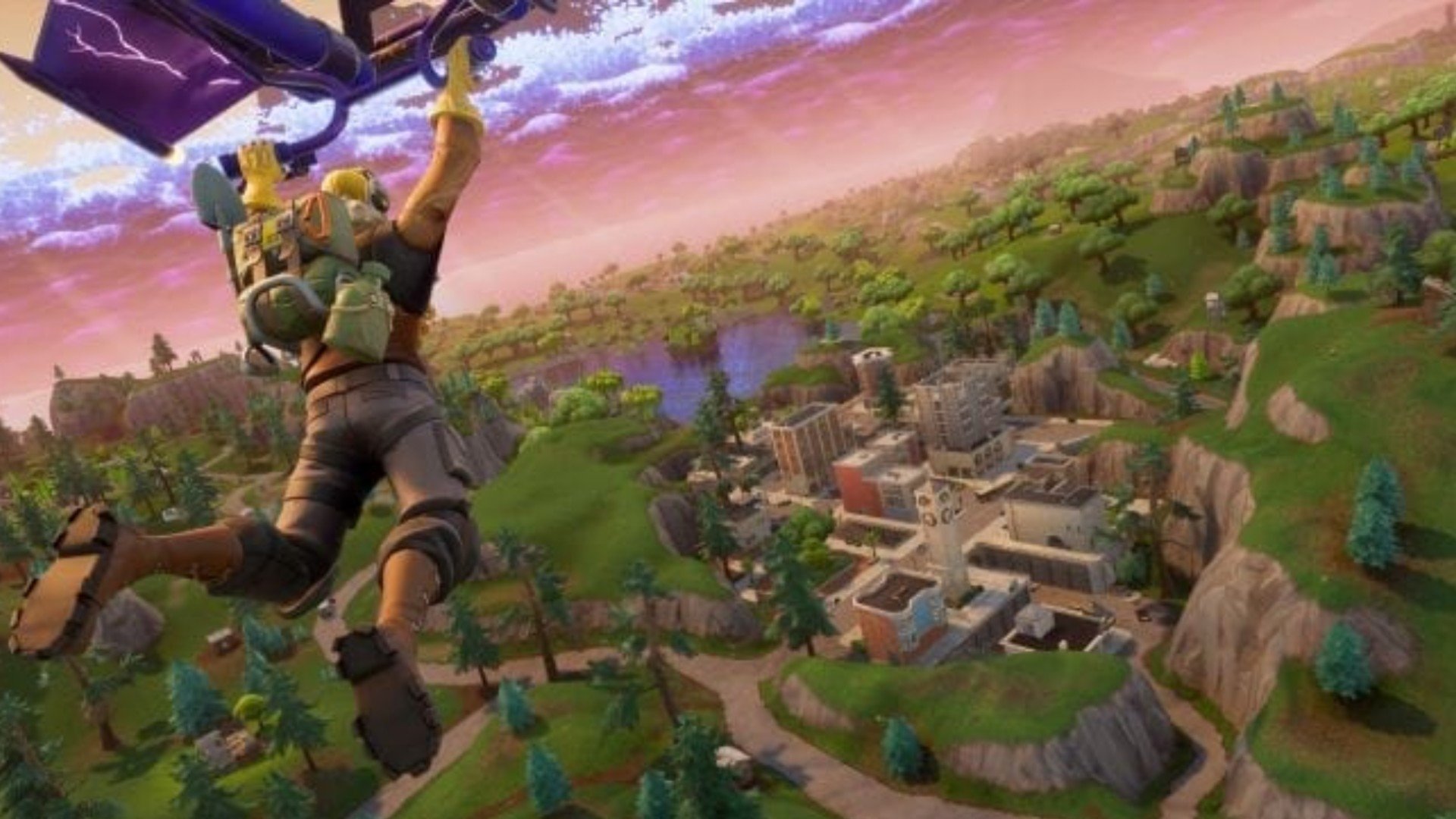 Fortnite Screenshot showing a character using a paraglider to head towards a nearby settlement. 