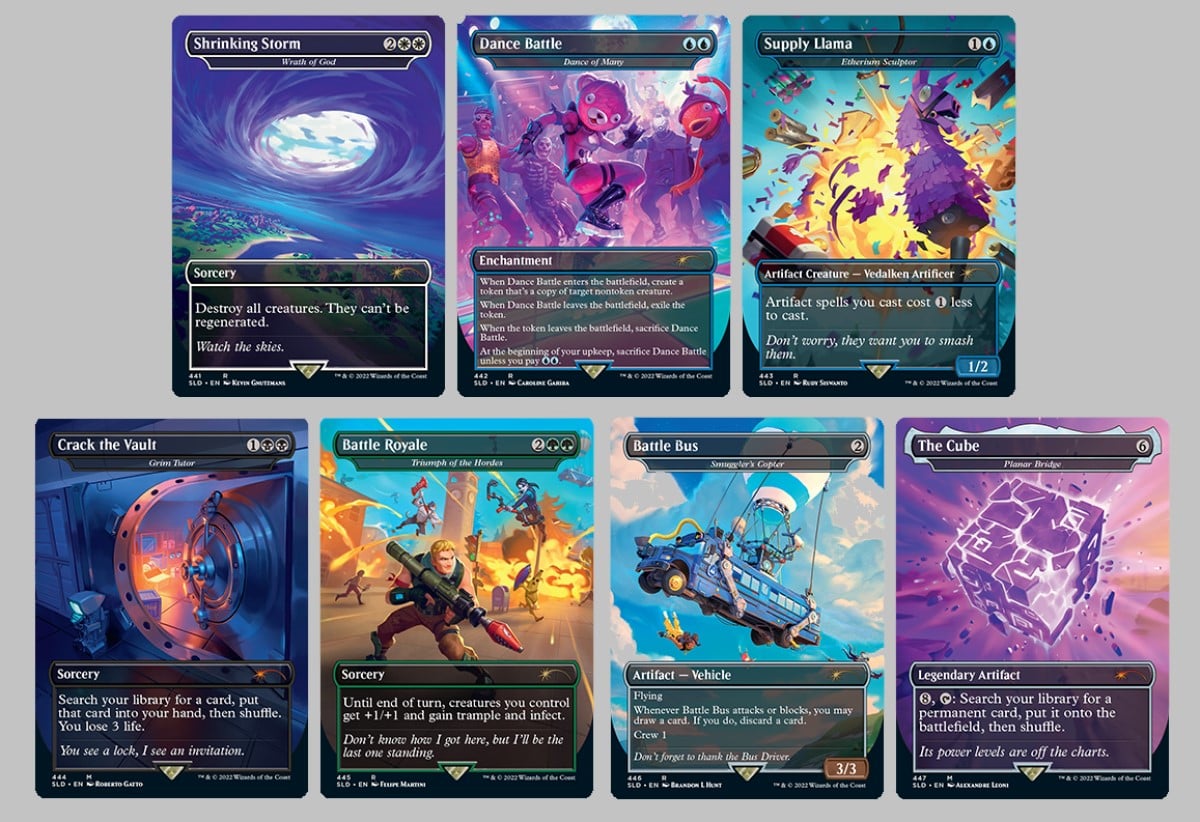 Seven different Magic cards featuring artwork from Fortnite