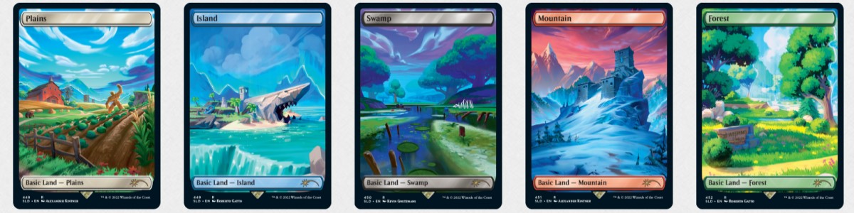 A handful of five Magic The Gathering cards featuring art from Fortnite