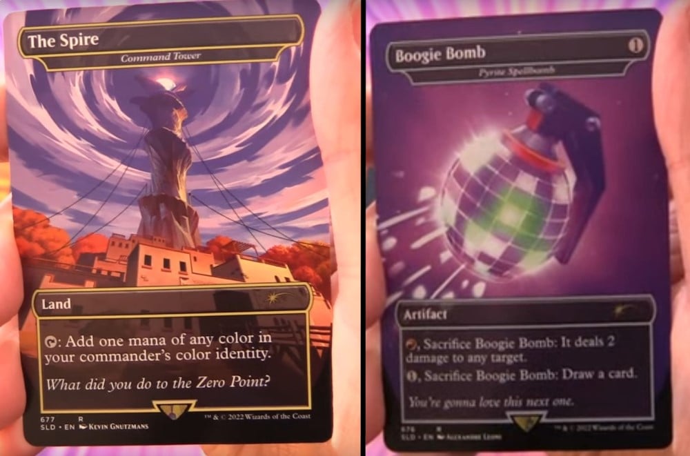 Screenshots of The Spire and Boogie Bomb cards from the Fortnite Secret Lair
