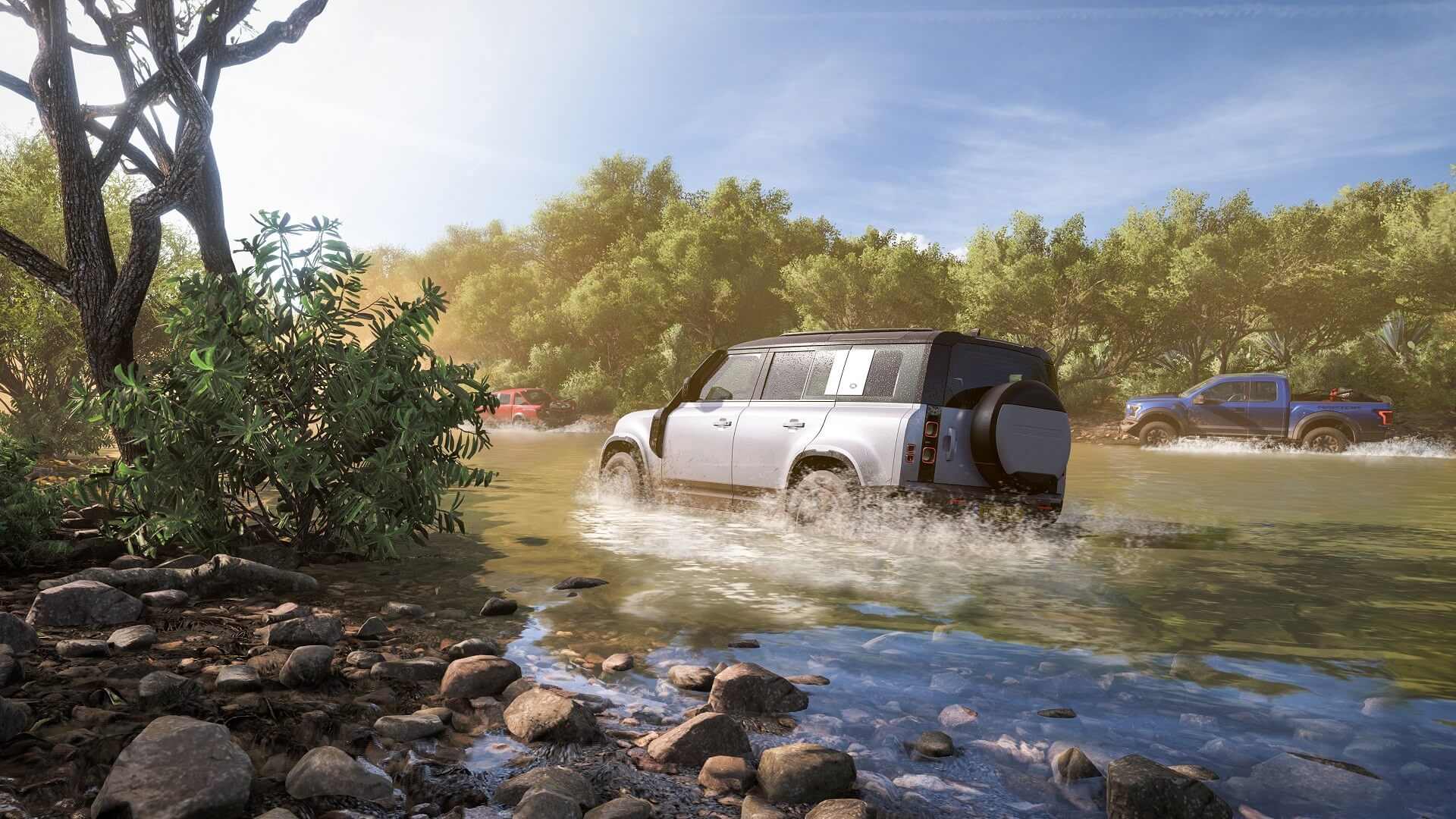 A car fording a river in Forza Horizon 5, a Playground Games title