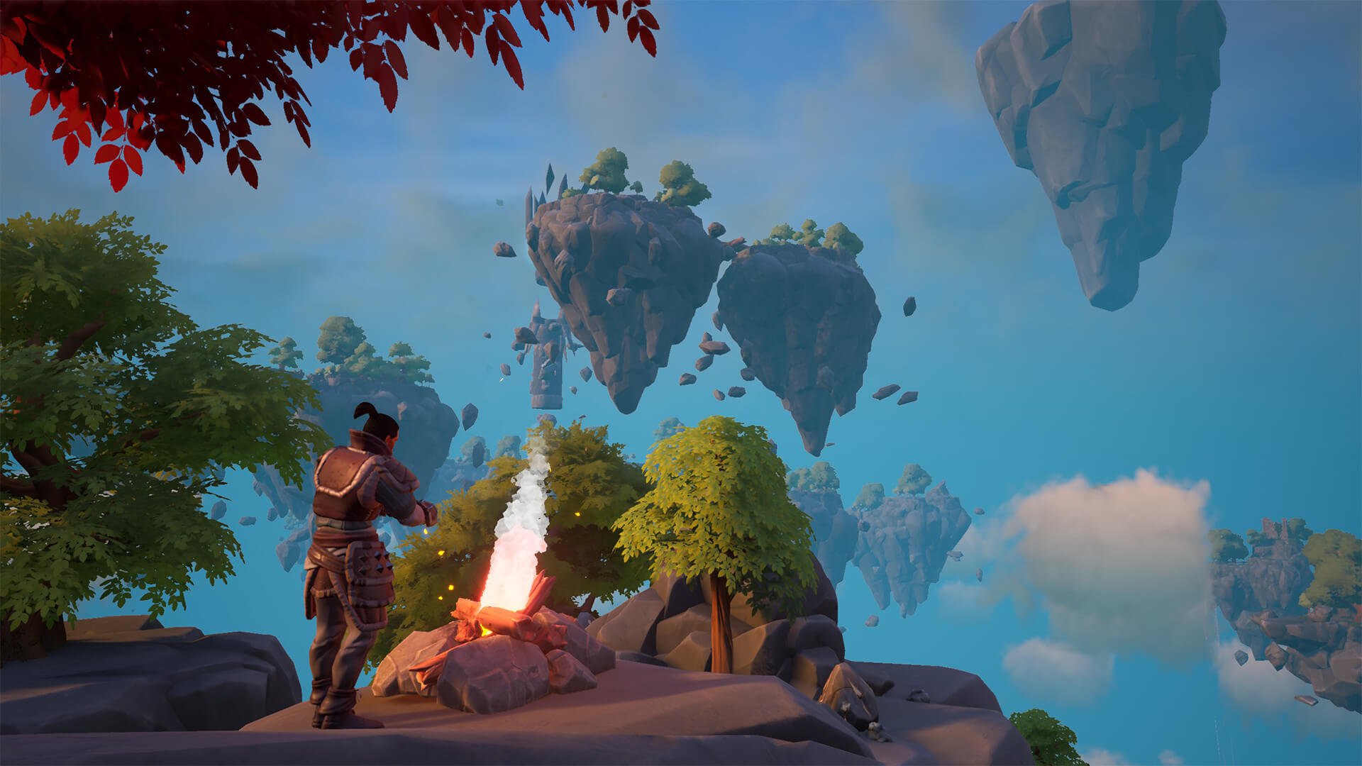 A player stands in front of a fire amid floating islands in Frozen Flame