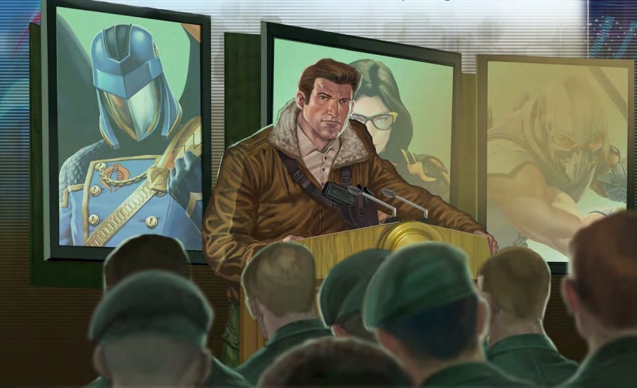 Artwork of General Hawk giving a presentation on Cobra
