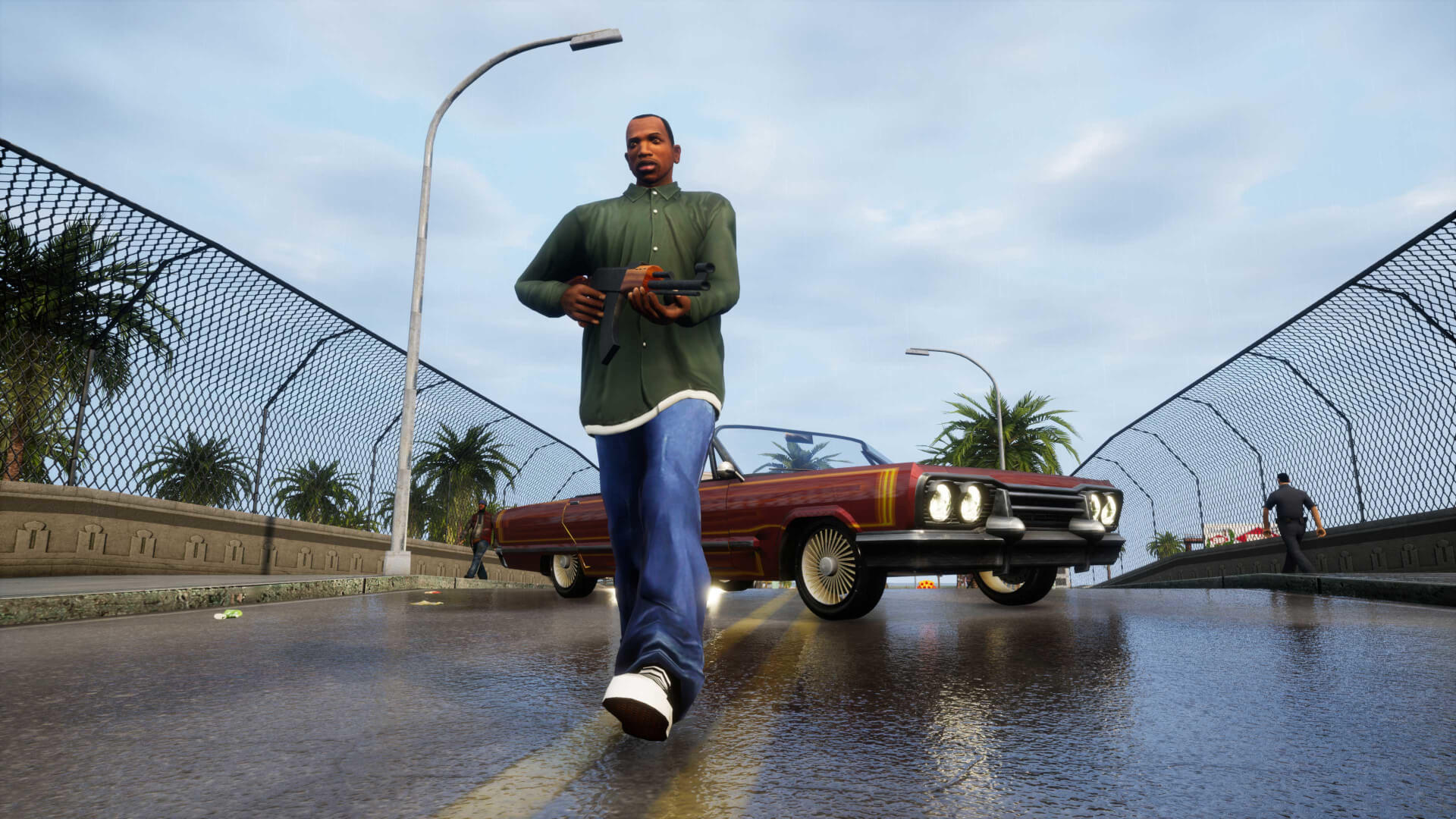 CJ walking away from a car wielding a shotgun in the GTA Trilogy Definitive Edition version of San Andreas