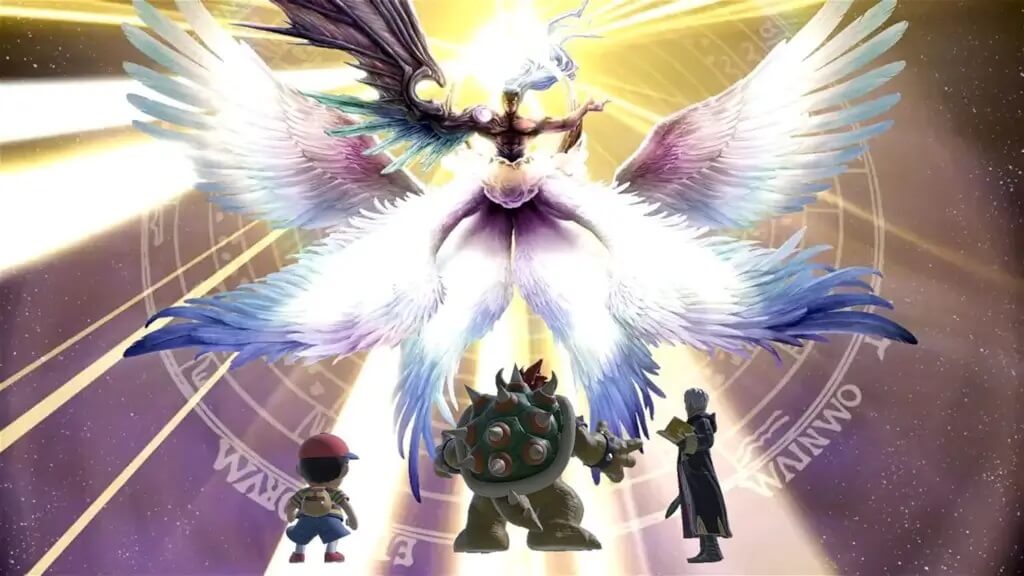 Sephiroth facing Ness, Bowser, and Robin in Super Smash Bros Ultimate