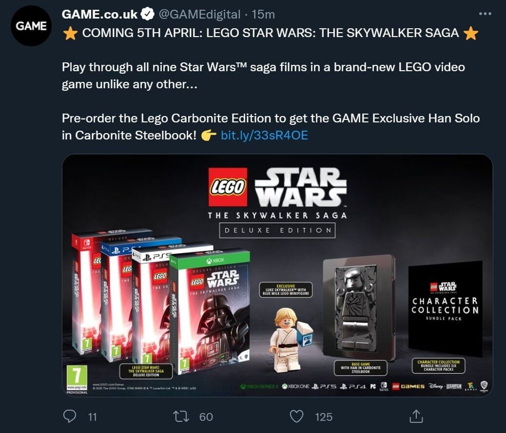 The now-deleted Game UK tweet revealing the Lego Star Wars: The Skywalker Saga release date