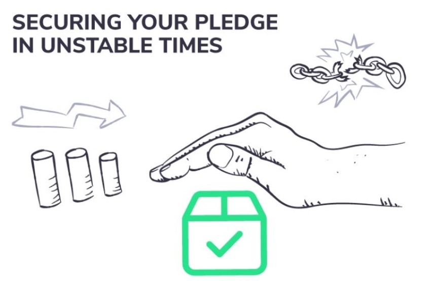 A promotional image of Gamefound stable pledge featuring broken charts and secure packages