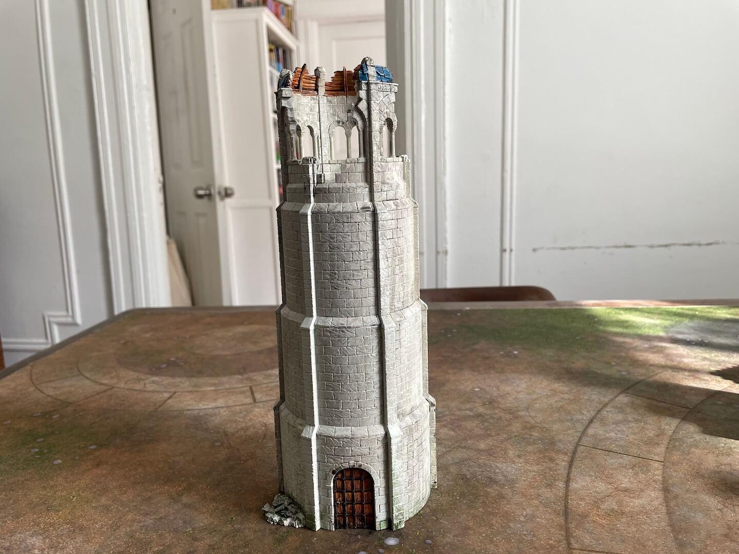 An image of the Tower of Gondor from Games Workshop's LOTR terrain, painted