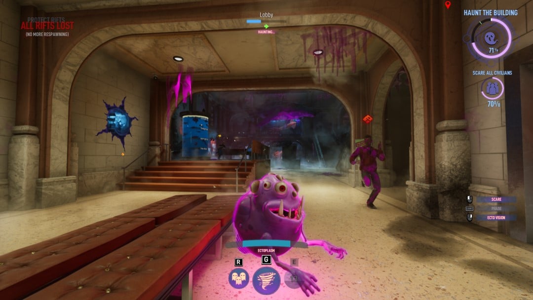 A purple, multi-eyed ghost sitting in a musem room slowly covered in slime