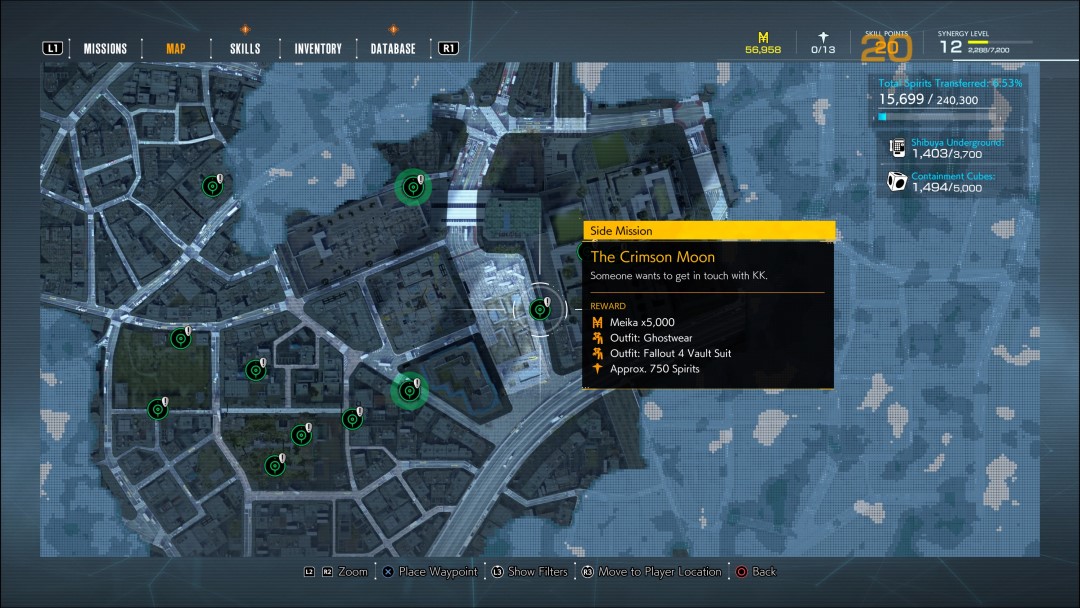A map of Tokyo, showing a side mission titled The Crimson Moon