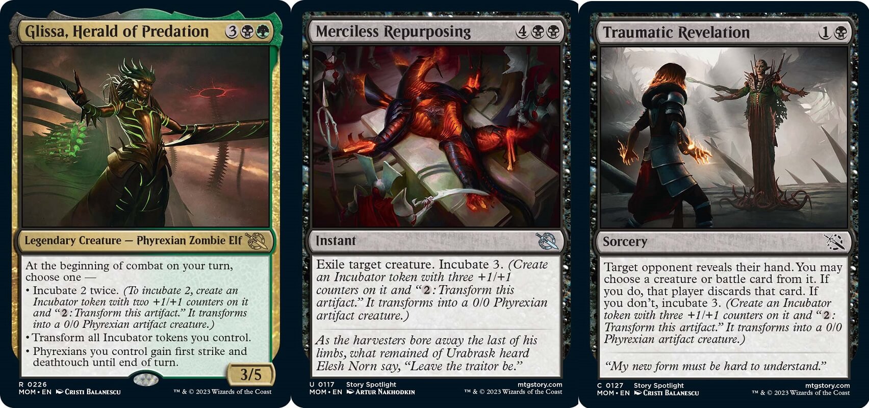 Cards with the Incubate Keyword Action Glissa,Herald of Predation, Merciless Repurposing, and Traumatic Revelation