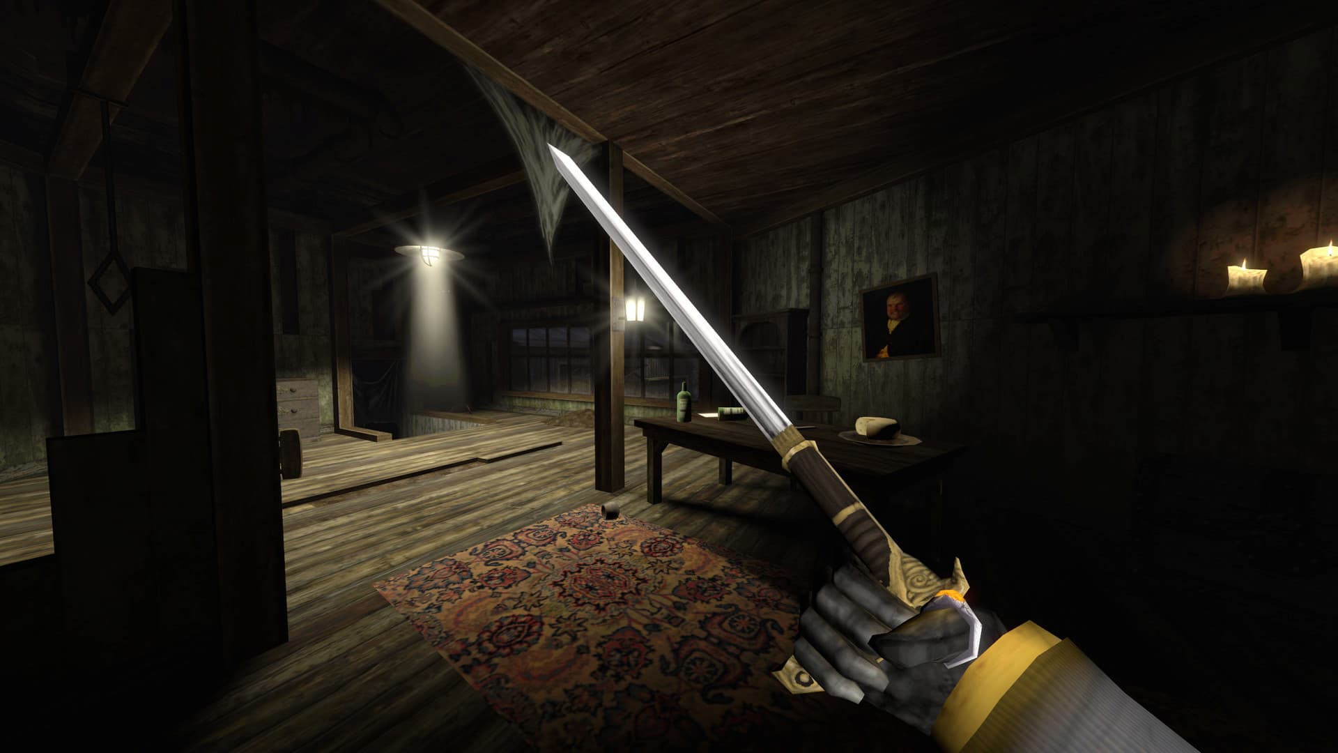 Tangkapan layar Gloomwood Gameplay dari karakter yang memegang tongkat runcing sebagai senjata di ruangan yang suram, Tanggal Rilis Akses Awal Gloomwood