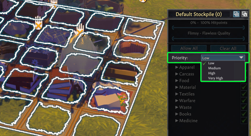 The new stockpile priority dropdown menu in Going Medieval