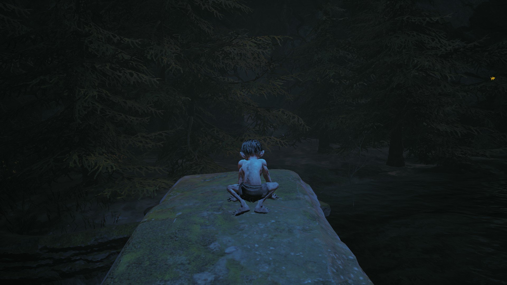 Gollum screenshot showing gollum facing the camera standing on a dark bridge with trees behind him. 