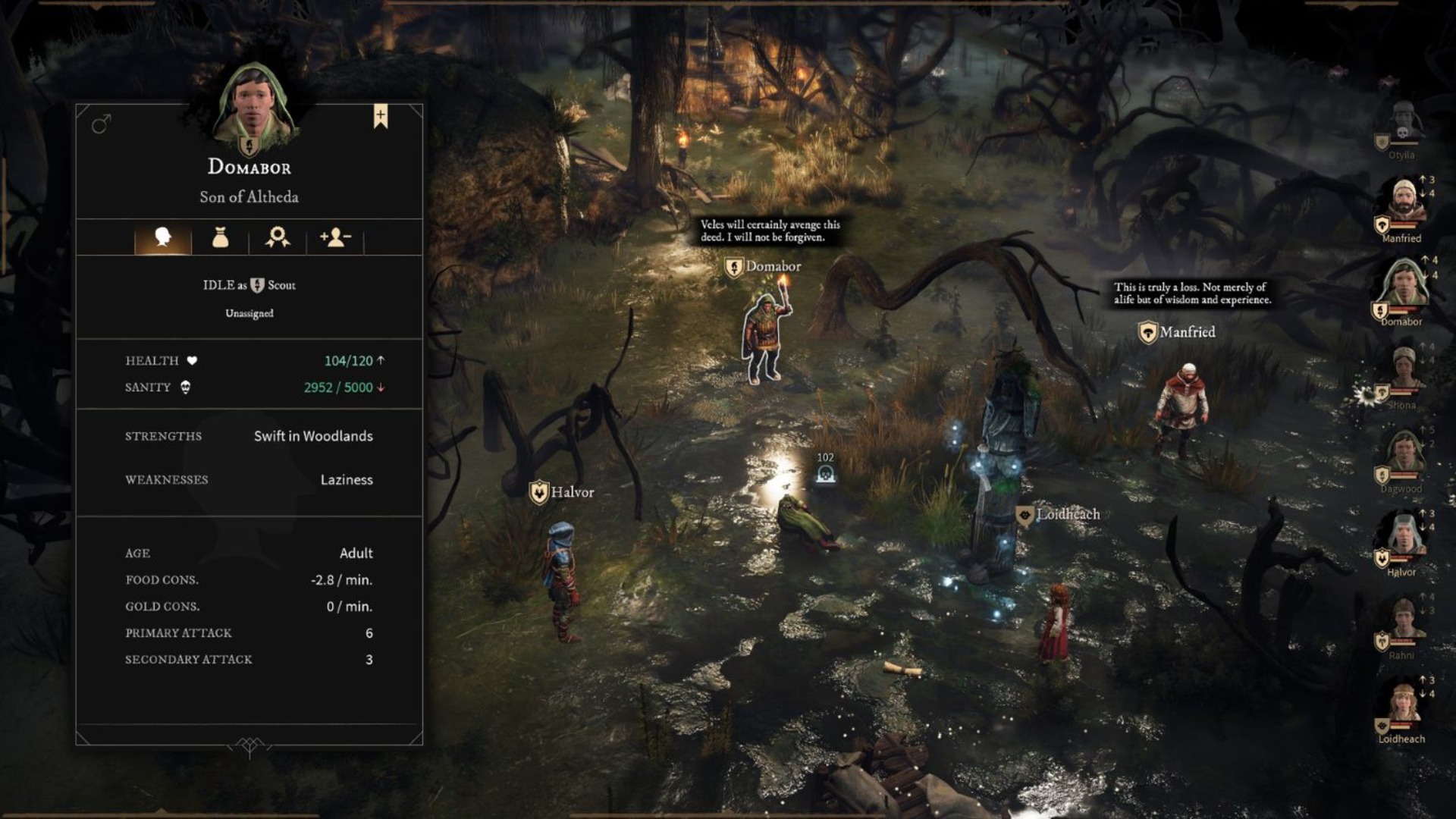 Gord screenshot showing several people standing around a very dark swamp. 
