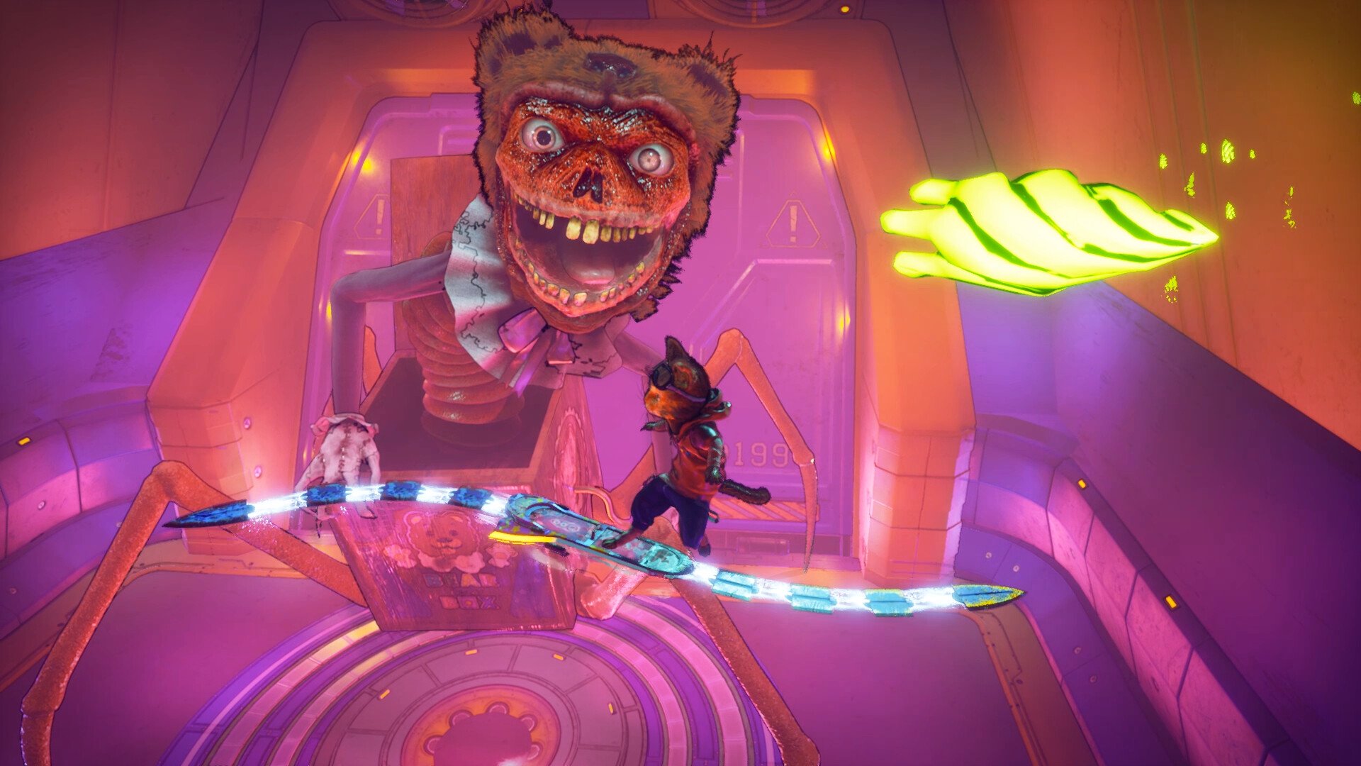 Gori: Cuddly Carnage konsol sürümleri, ana karakteri ve ürkütücü bir ayı kafasını gösteren ekran görüntüsü.