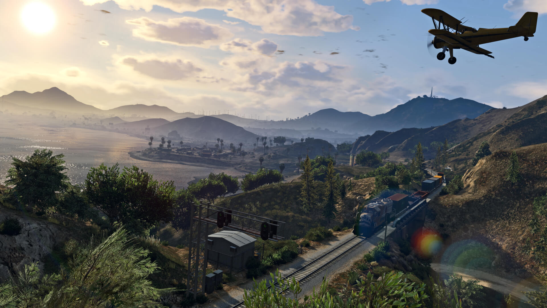 A plane flying over a tree-laden coastline in GTA 5, representing the Grand Theft Auto 6 leaks