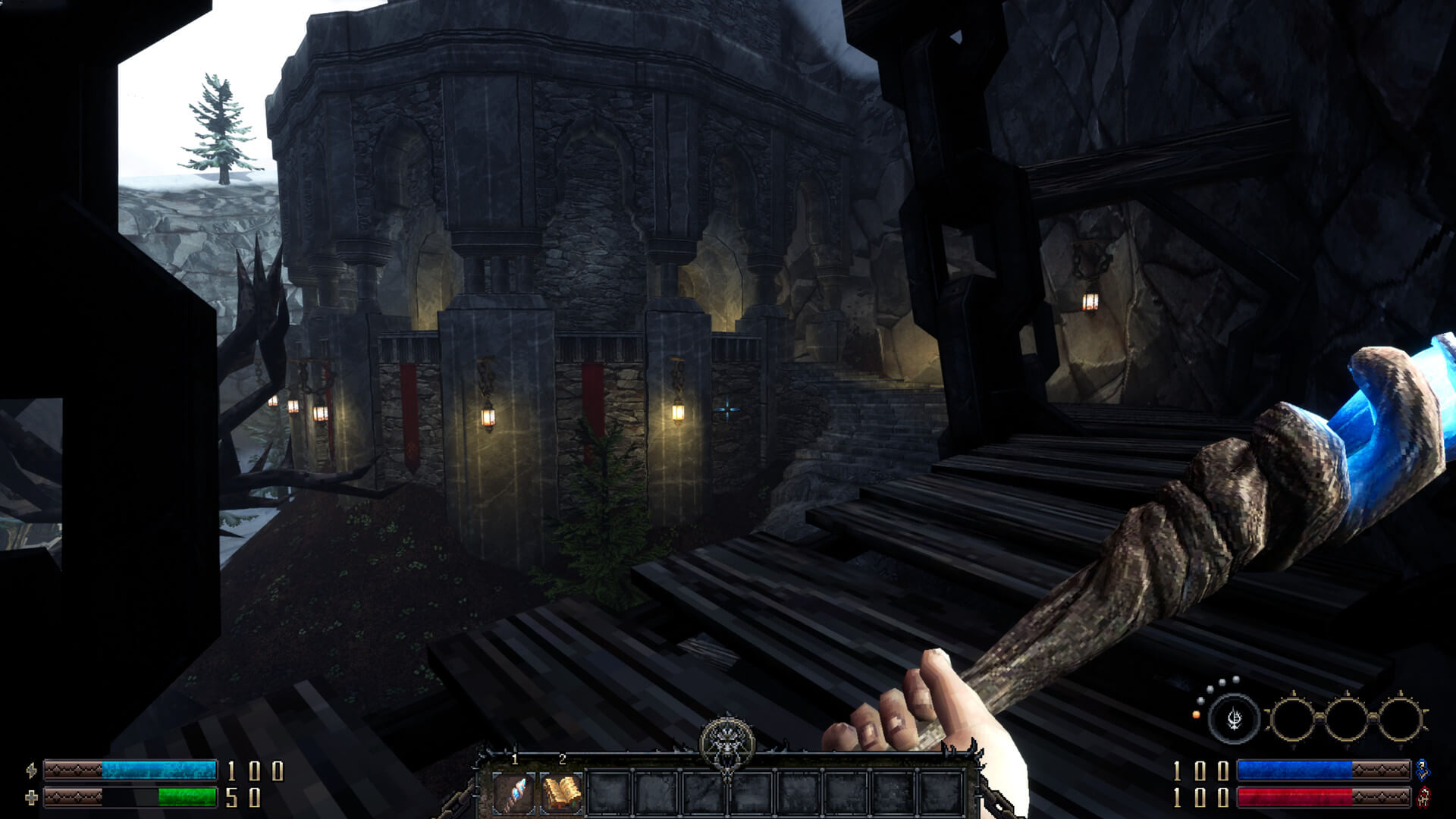 Graven Early Access Update screenshot showing a big staff and a bigger stone building.