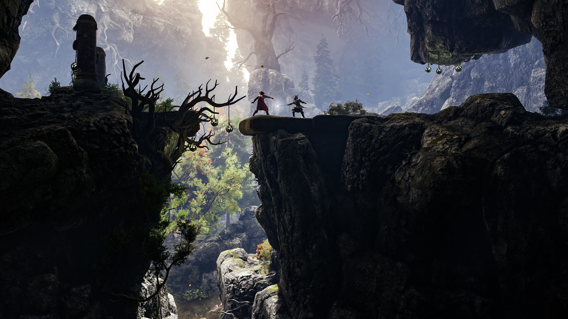 A duel taking place atop a precarious cliff in GreedFall