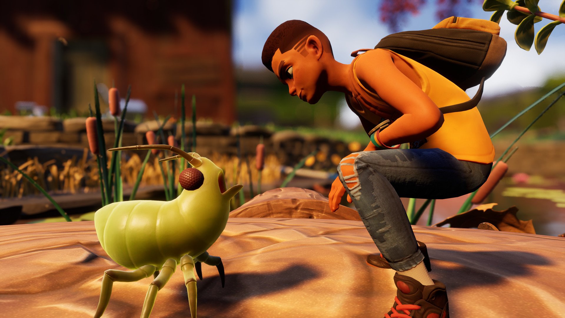 Grounded gameplay screenshot, character looking at a bug