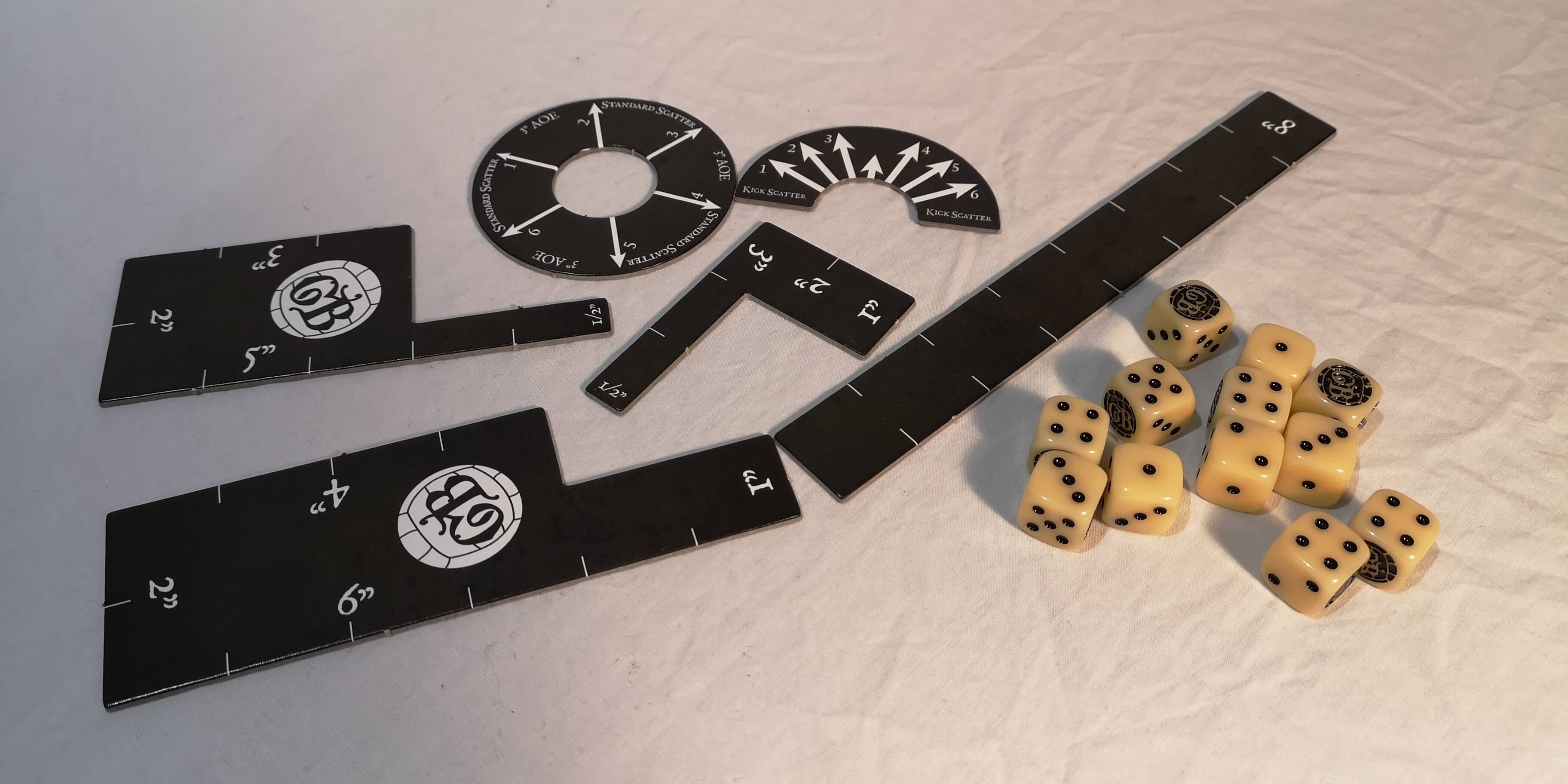 Guild Ball templates and dice.