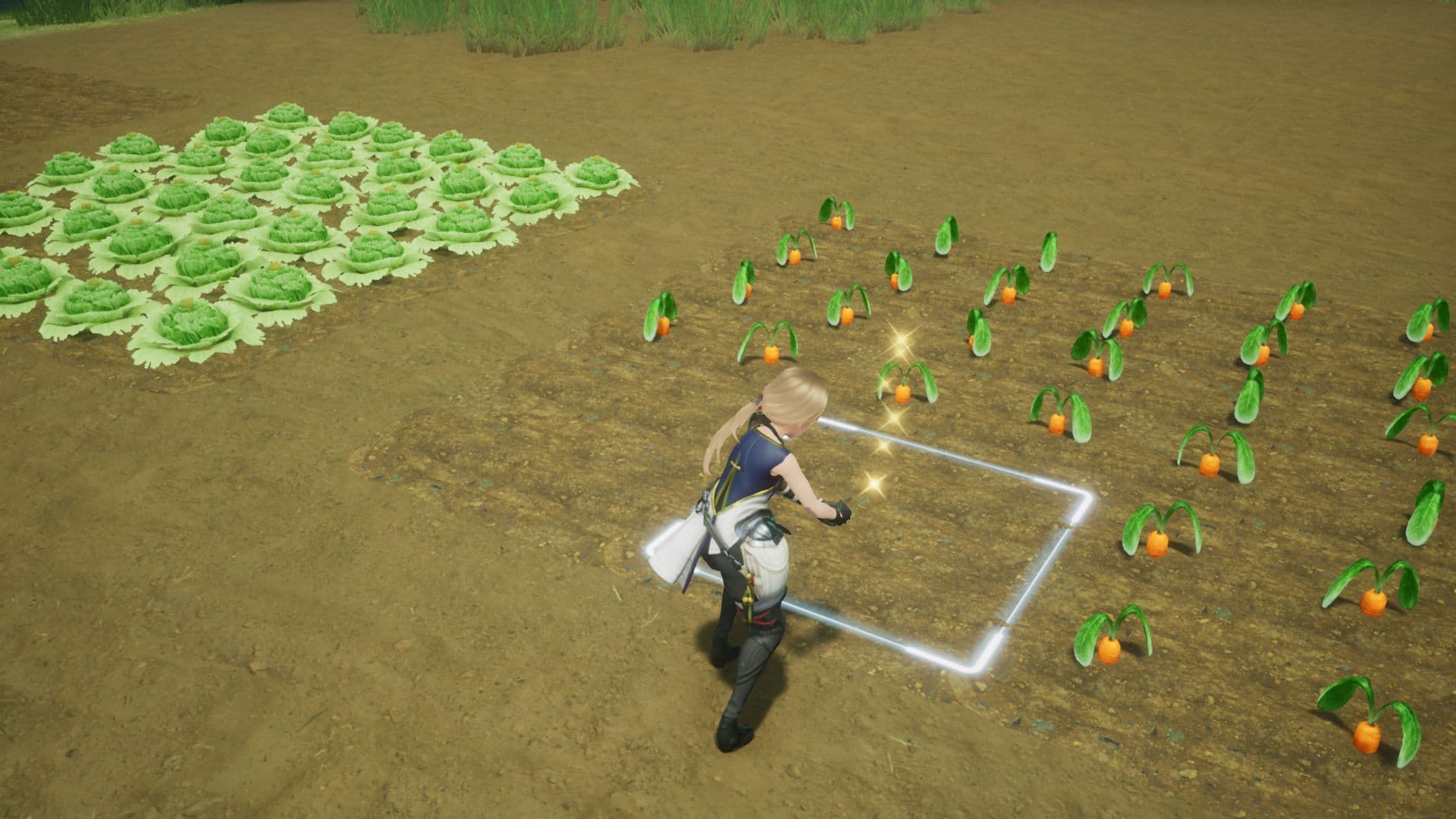 Harvestella Gameplay image where we see a player tending to her many beautiful crops on her farm.