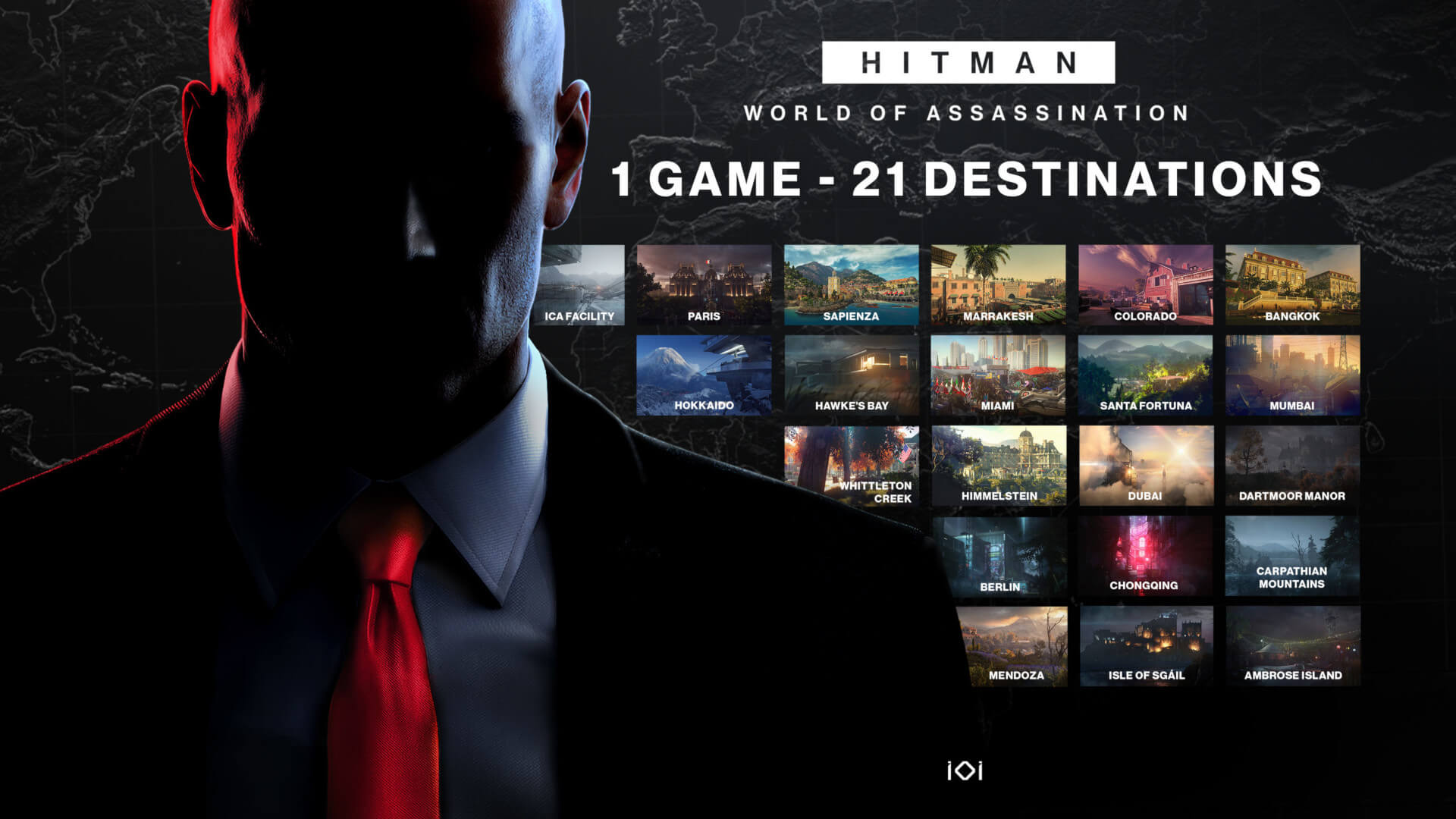 Agent 47 standing next to a tiled list of all the locations in the new Hitman: World of Assassination package