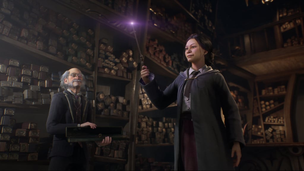 A player using their wand in Hogwarts Legacy